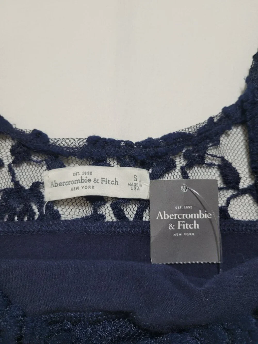 Abercrombie & Fitch Lace Crop Top 3/4 Sleeve Sheer Floral Mesh Blouse Navy Blue